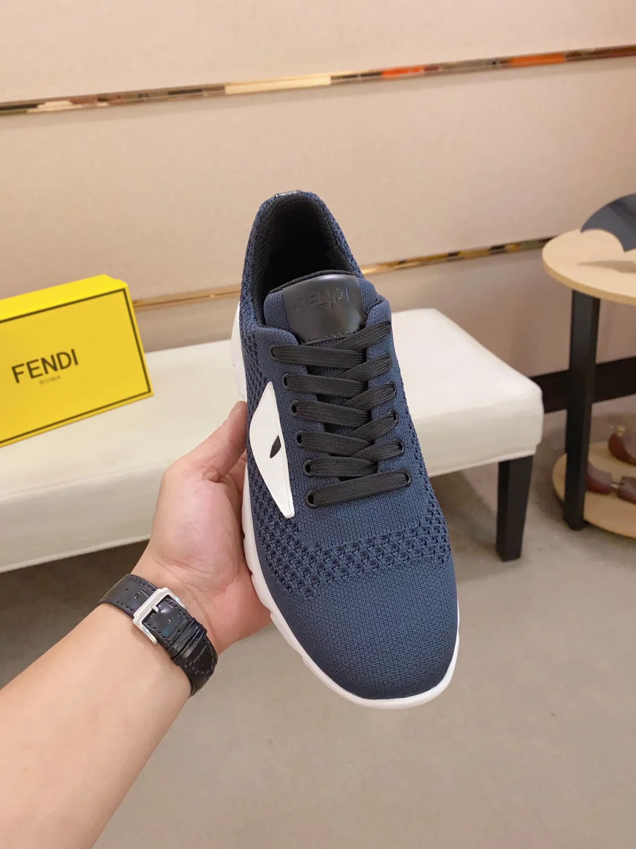 Fendi Marine Blanc Tricoté Supérieur Sculpté Rainuré Semelle Intermédiaire Sneakers Lifestyle 9