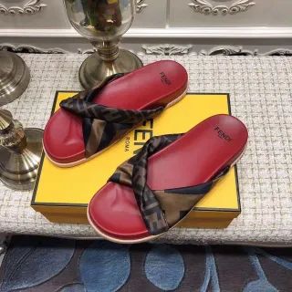 Fendi Red Brown Silk FF-Logo Strap Molded Footbed Slippers