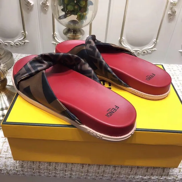 Fendi rouge marron soie FF-Logo bride semelle moulée chaussons 5