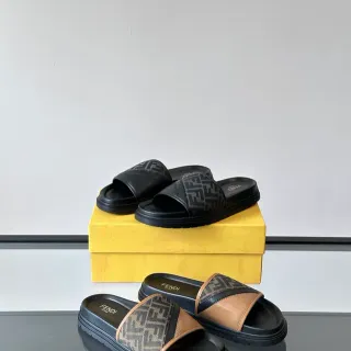 Fendi Slide Monogram Strap Black and Tan Slippers