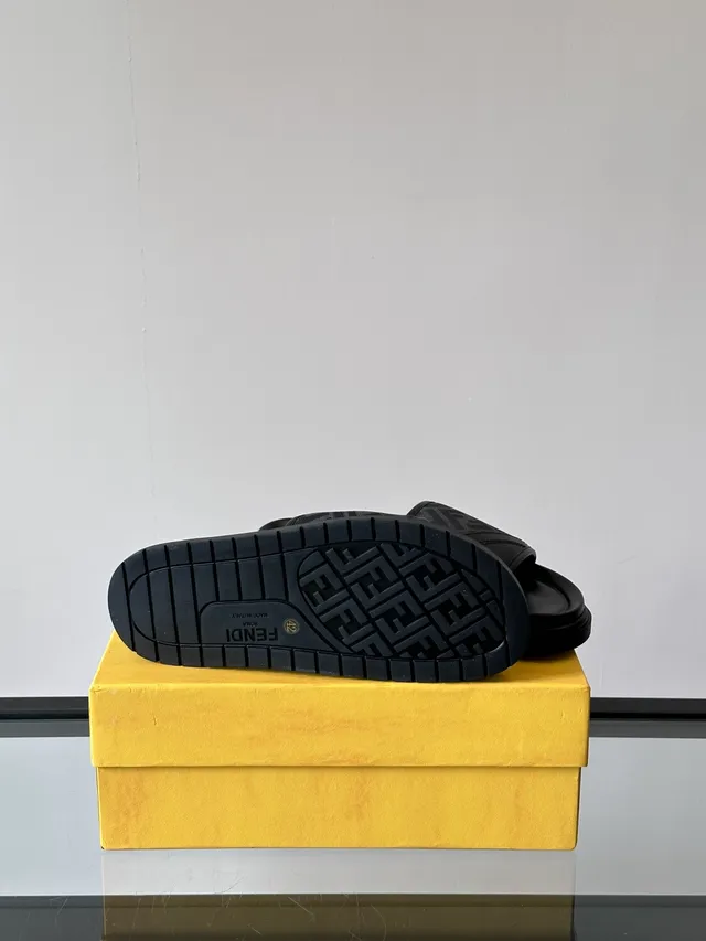 Fendi Slide Monogram Strap Black and Tan Slippers 2