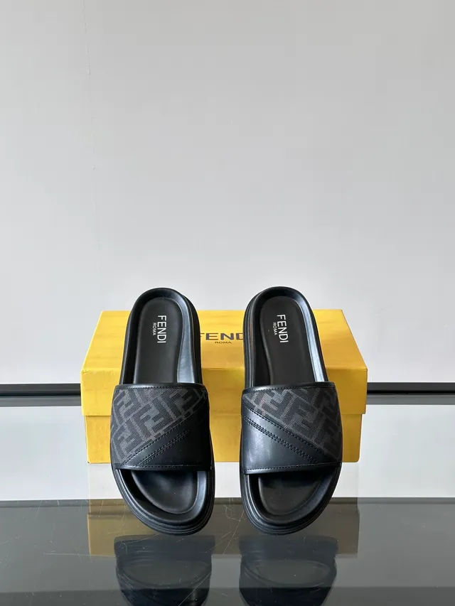 Fendi Slide Monogram Strap Black and Tan Slippers 3