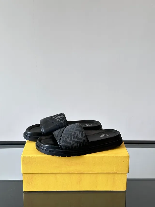 Fendi Slide Monogram Strap Black and Tan Slippers 4