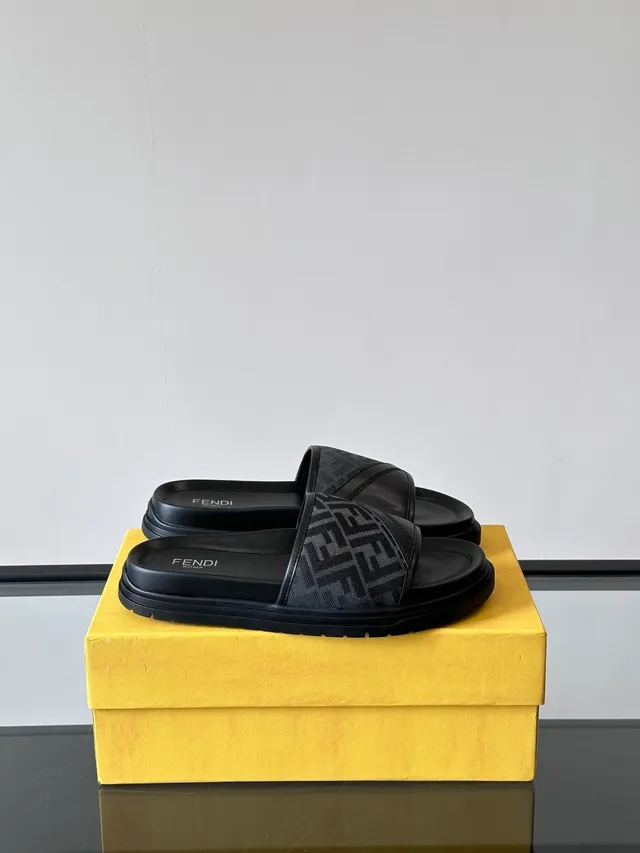 Fendi Slide Monogram Strap Black and Tan Slippers 5