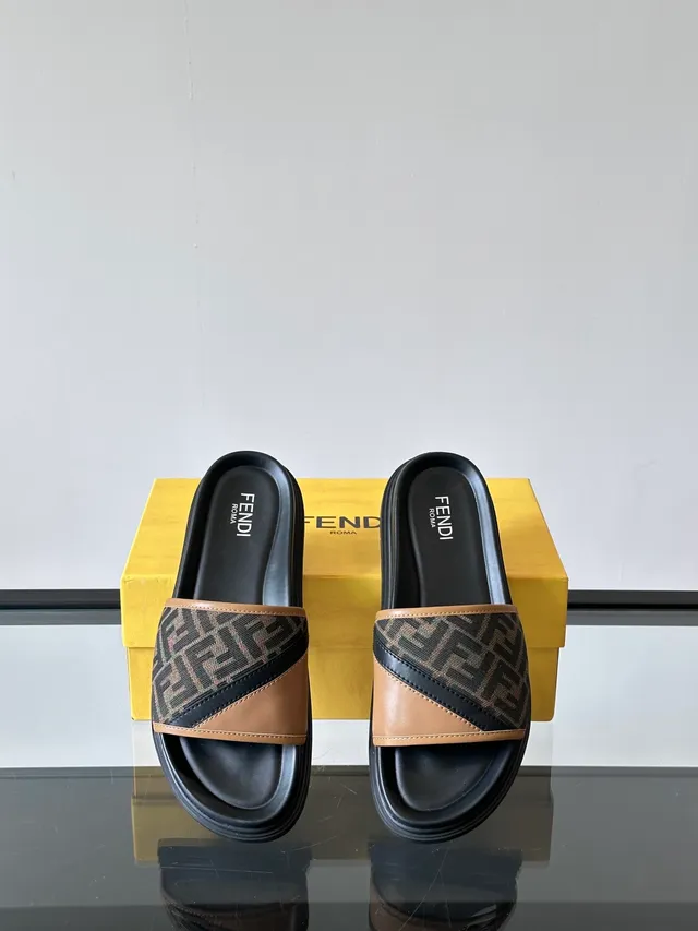 Fendi Slide Monogram Strap Black and Tan Slippers 6