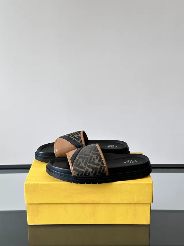 Fendi Slide Monogram Strap Black and Tan Slippers 7