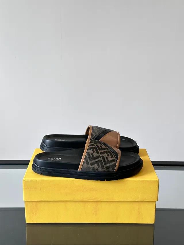Fendi Slide Monogram Strap Black and Tan Slippers 8