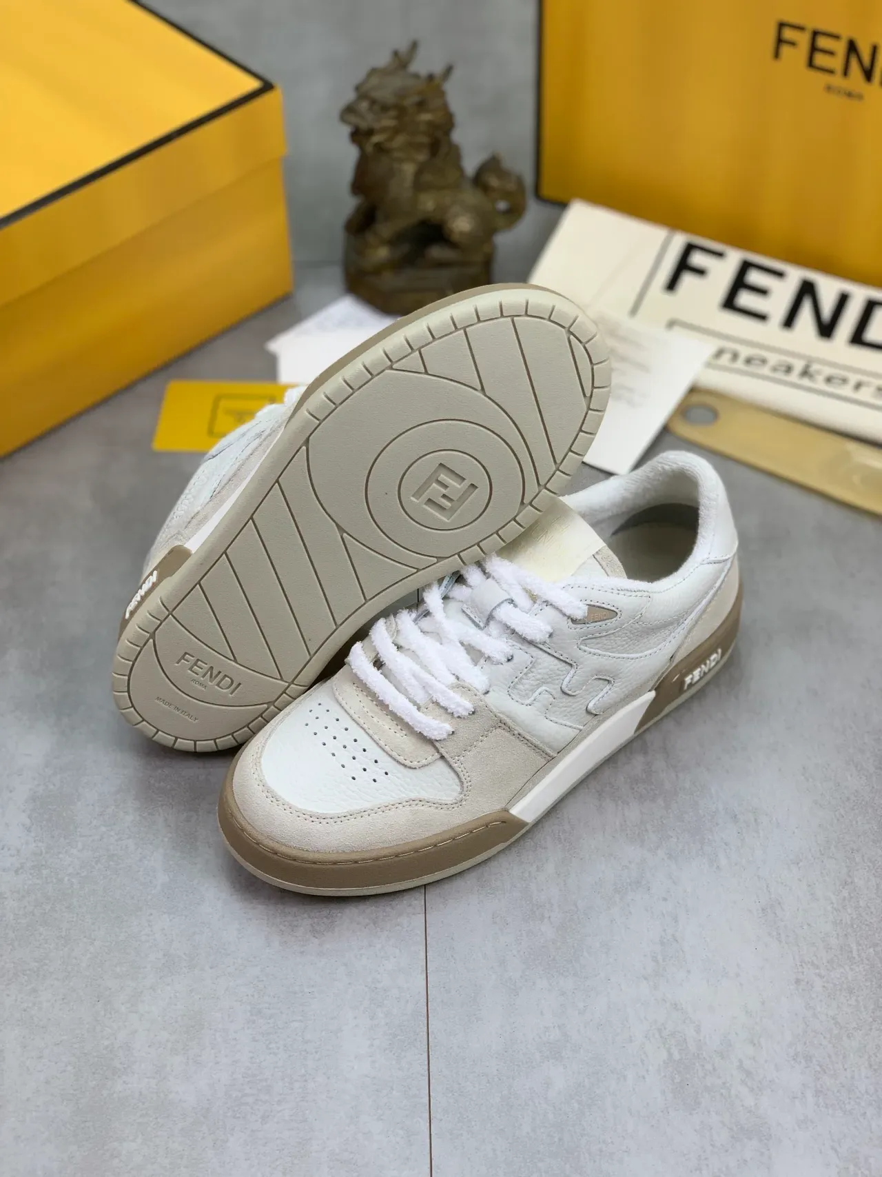 Fendi White Beige Layered Leather-Suede Construction Perforated Toe Sneakers 2