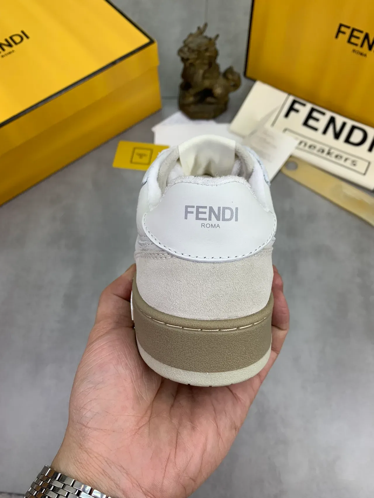 Fendi White Beige Layered Leather-Suede Construction Perforated Toe Sneakers 3