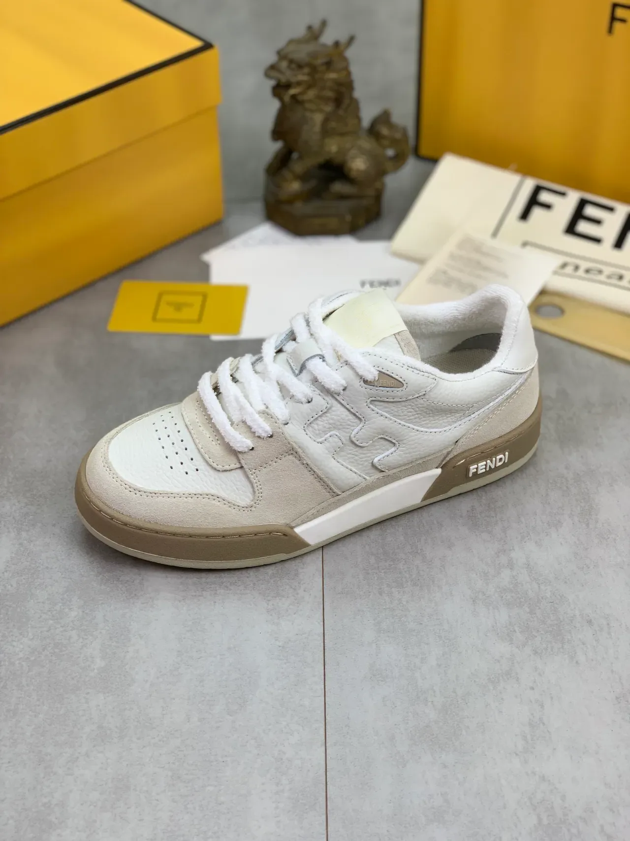 Fendi White Beige Layered Leather-Suede Construction Perforated Toe Sneakers 4