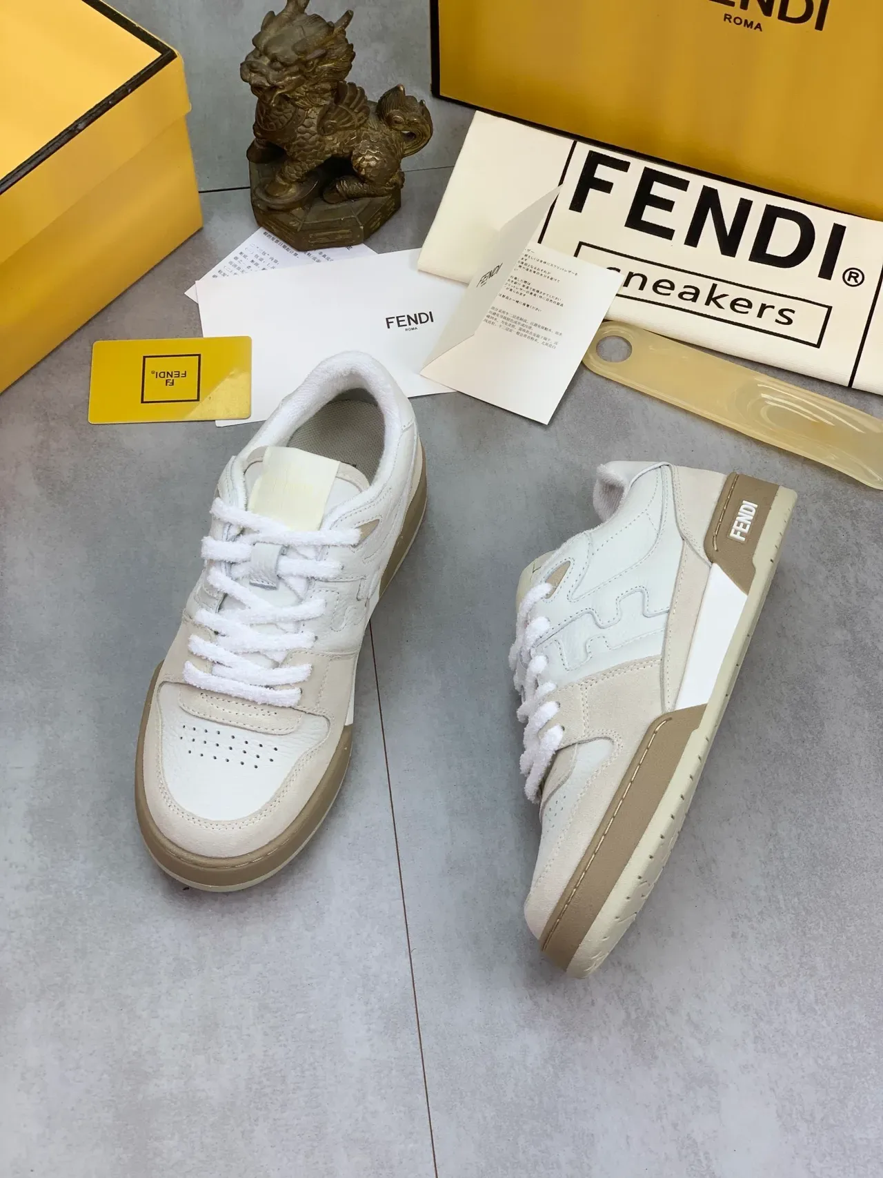 Fendi White Beige Layered Leather-Suede Construction Perforated Toe Sneakers 5