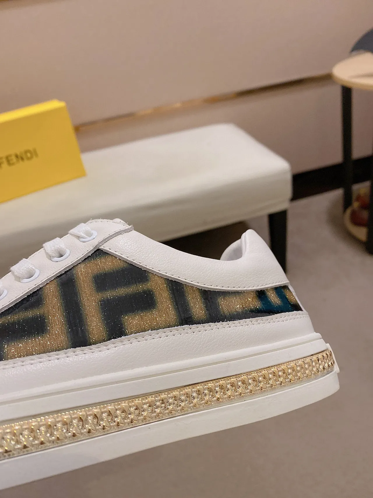 Fendi White Gold Monogrammed Side Panel Chain-Link Midsole Trim Sneakers 4