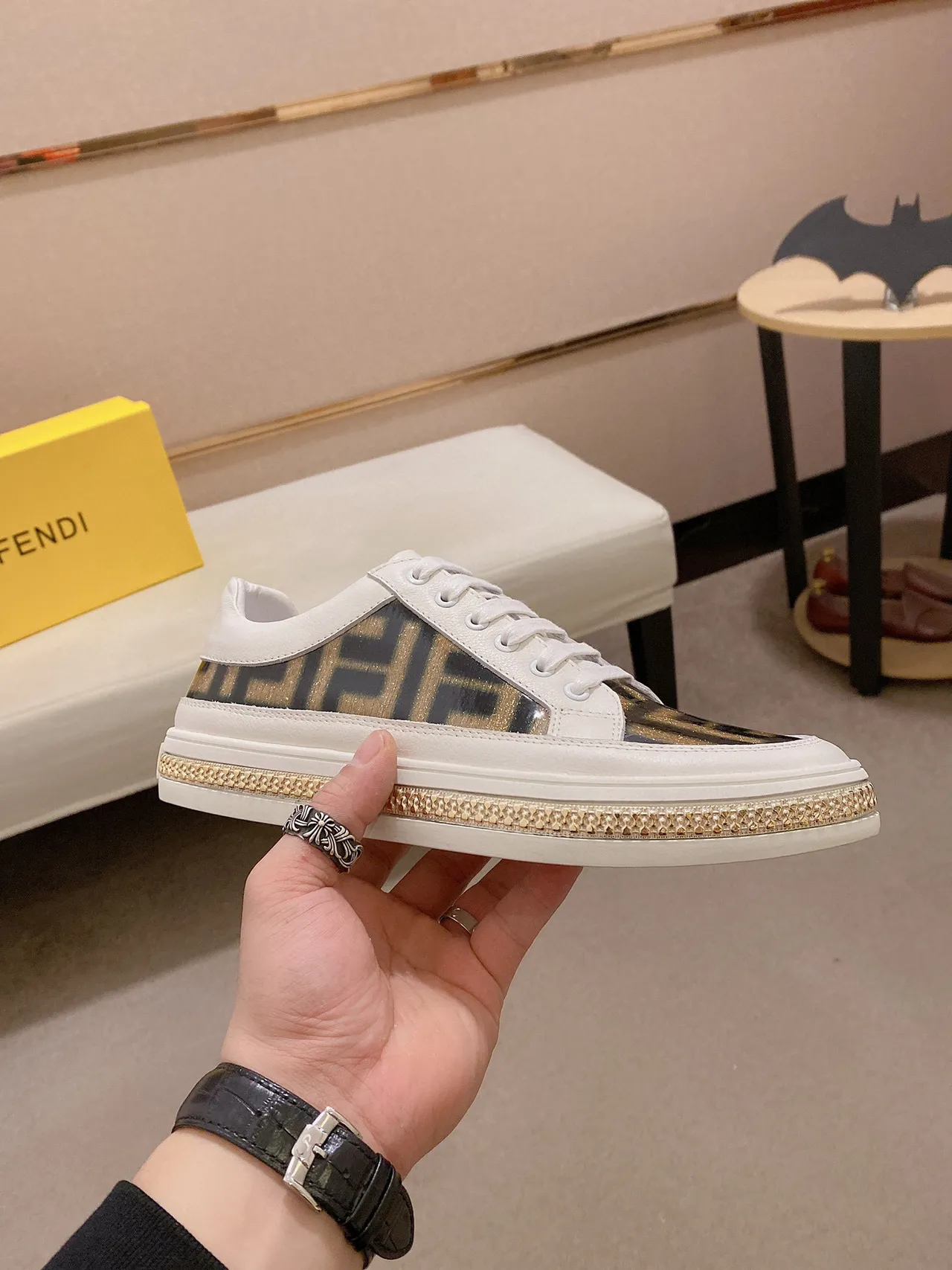 Fendi White Gold Monogrammed Side Panel Chain-Link Midsole Trim Sneakers 6
