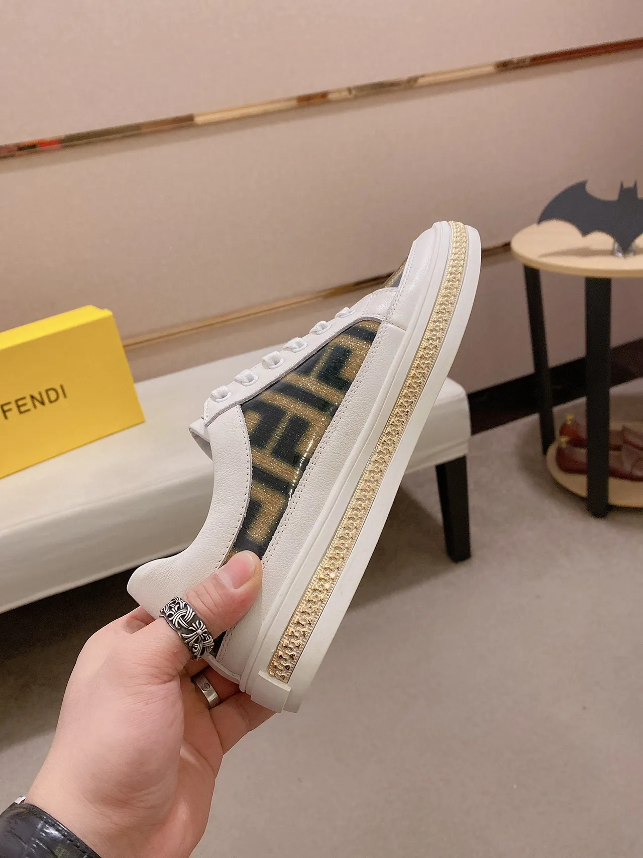 Fendi White Gold Monogrammed Side Panel Chain-Link Midsole Trim Sneakers 7