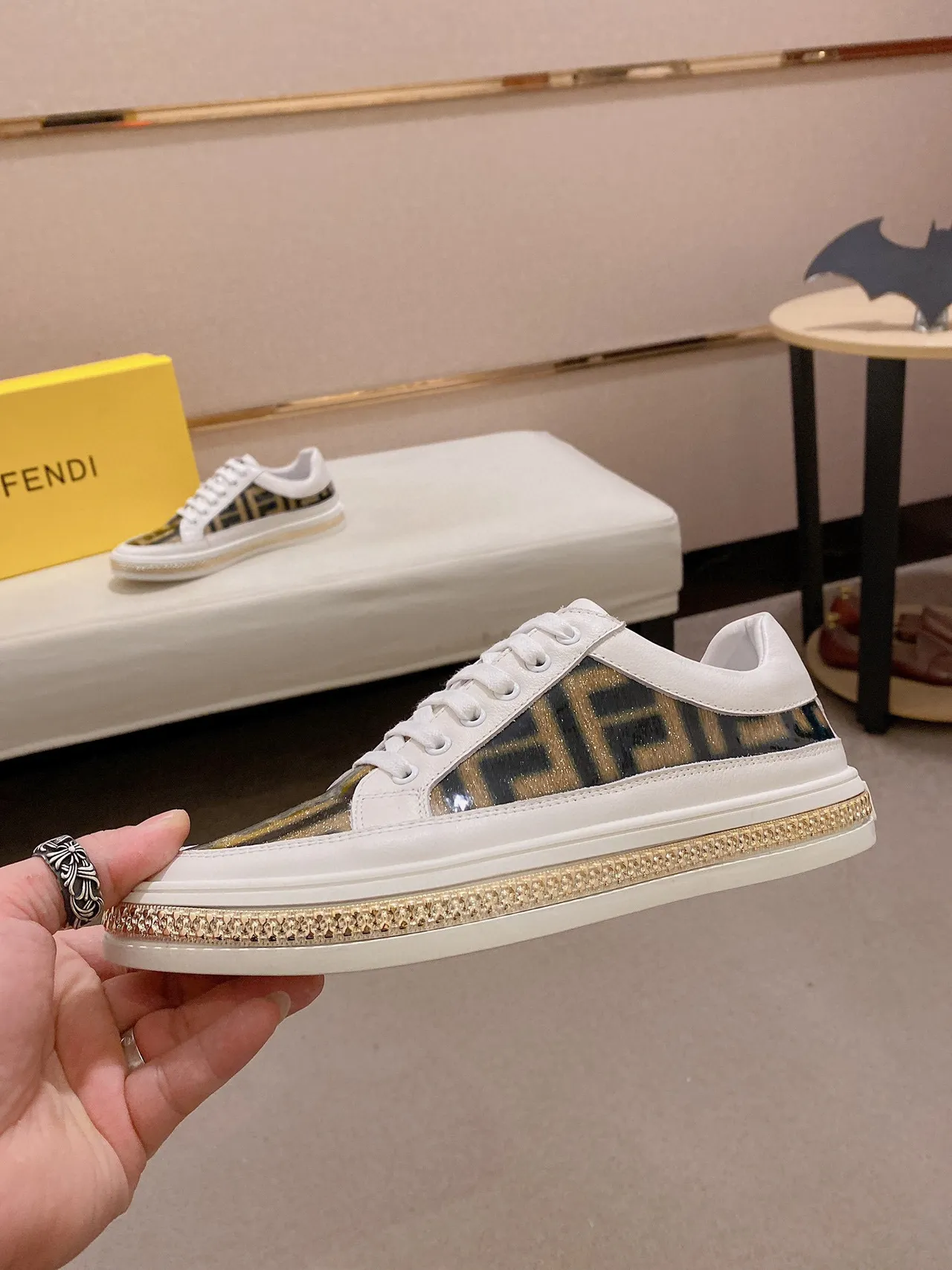 Fendi White Gold Monogrammed Side Panel Chain-Link Midsole Trim Sneakers 8