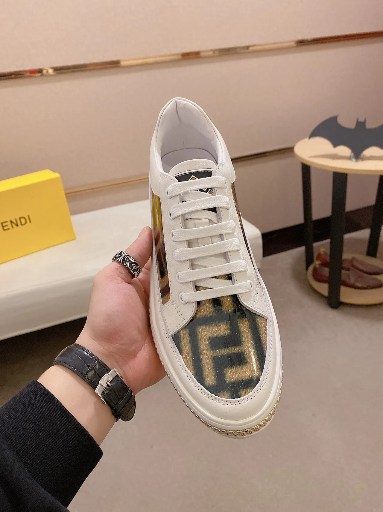 Fendi White Gold Monogrammed Side Panel Chain-Link Midsole Trim Sneakers 9