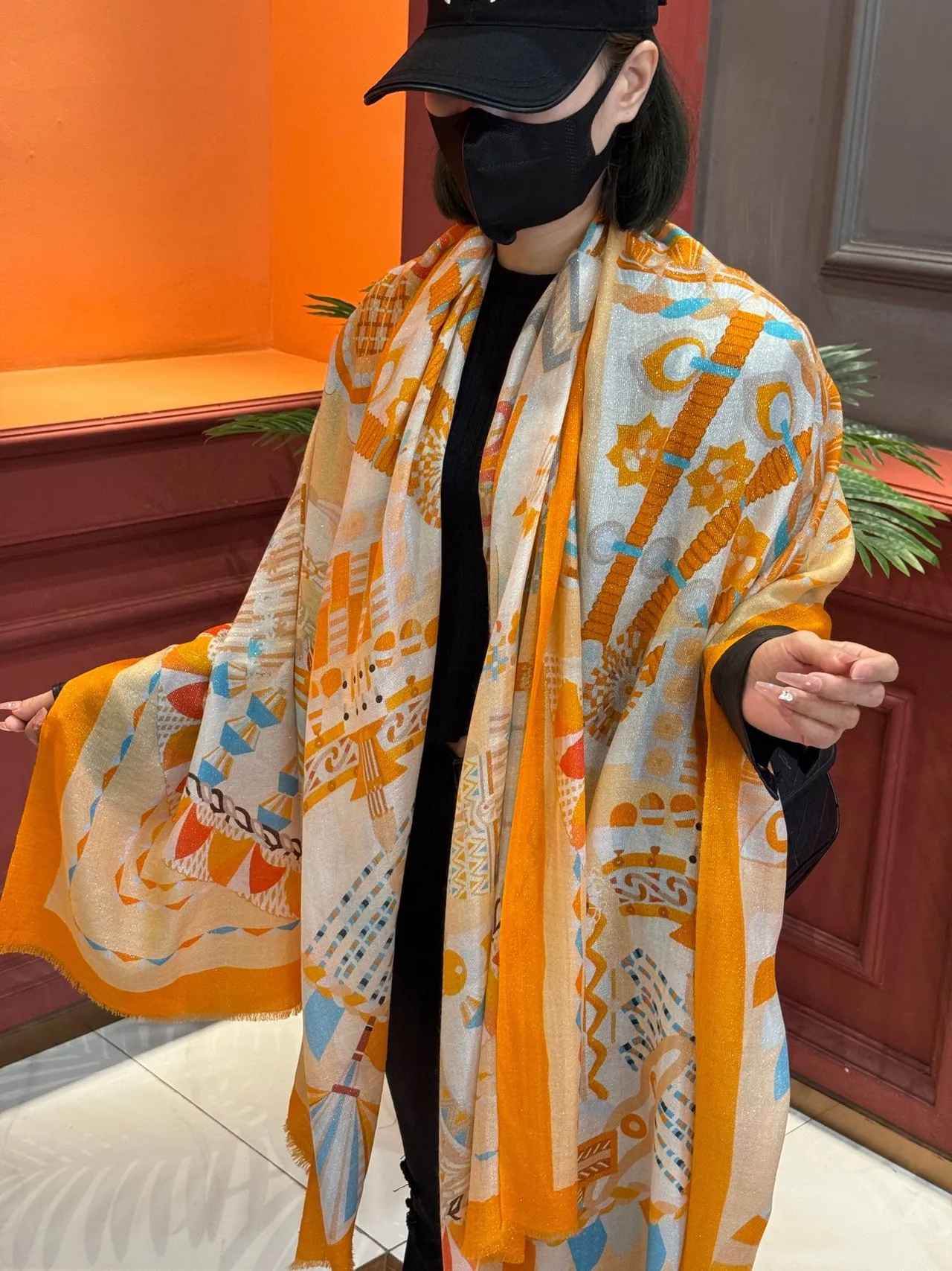 Abstract Geometric Print Orange Fringed Silk Scarf 2