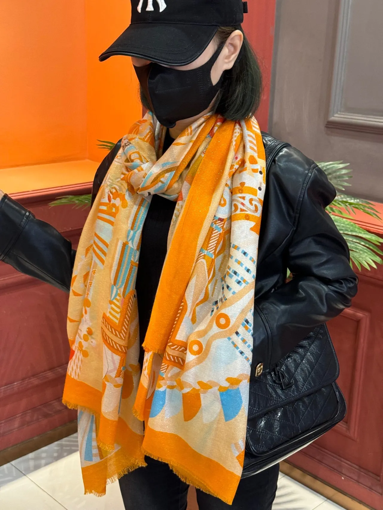 Abstract Geometric Print Orange Fringed Silk Scarf 4
