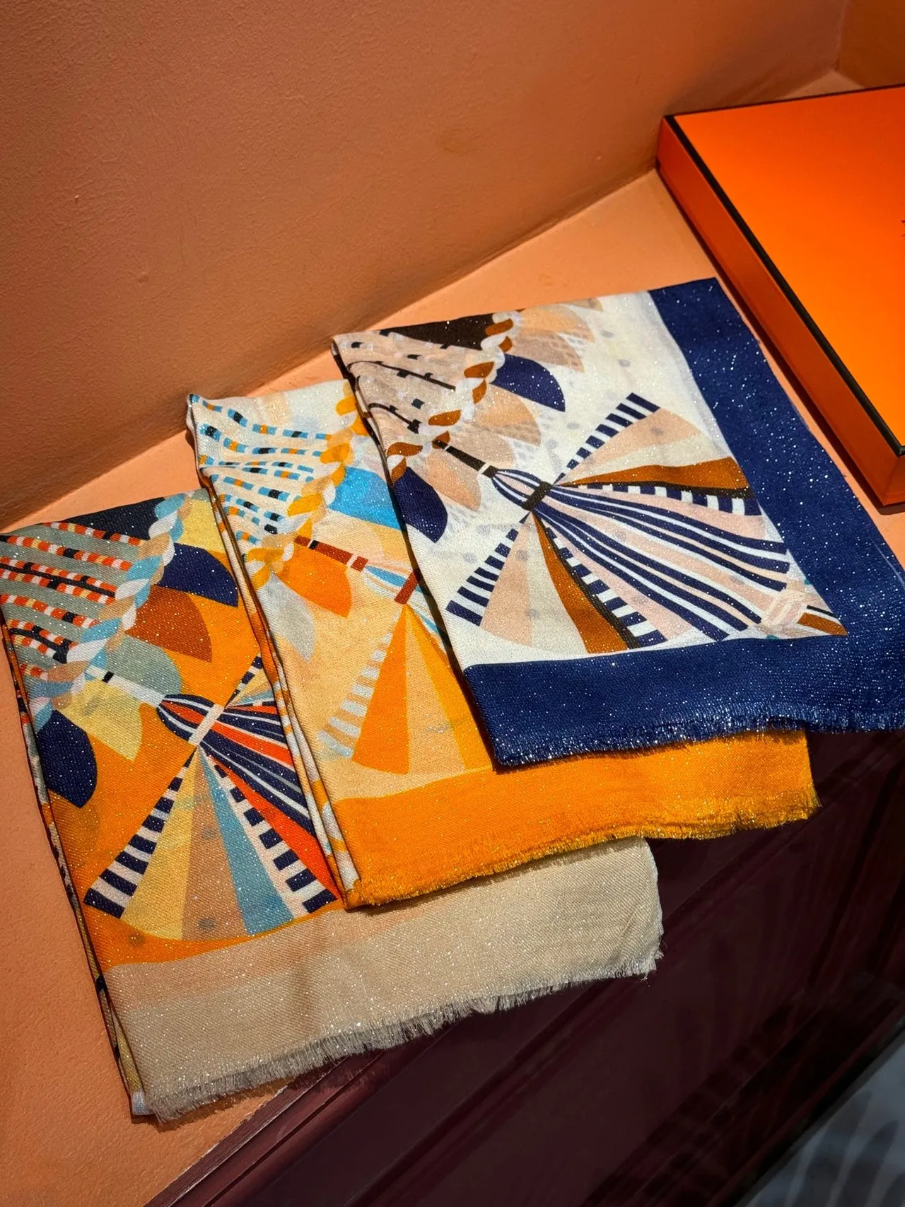 Abstract Geometric Print Orange Fringed Silk Scarf 5