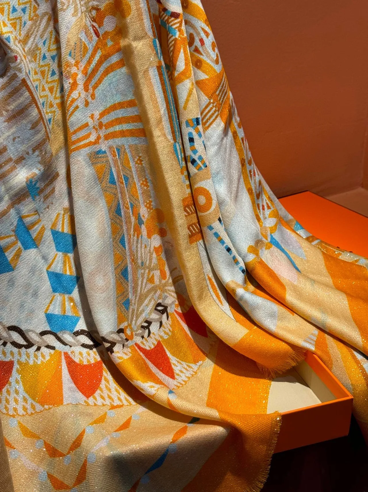 Abstract Geometric Print Orange Fringed Silk Scarf 7
