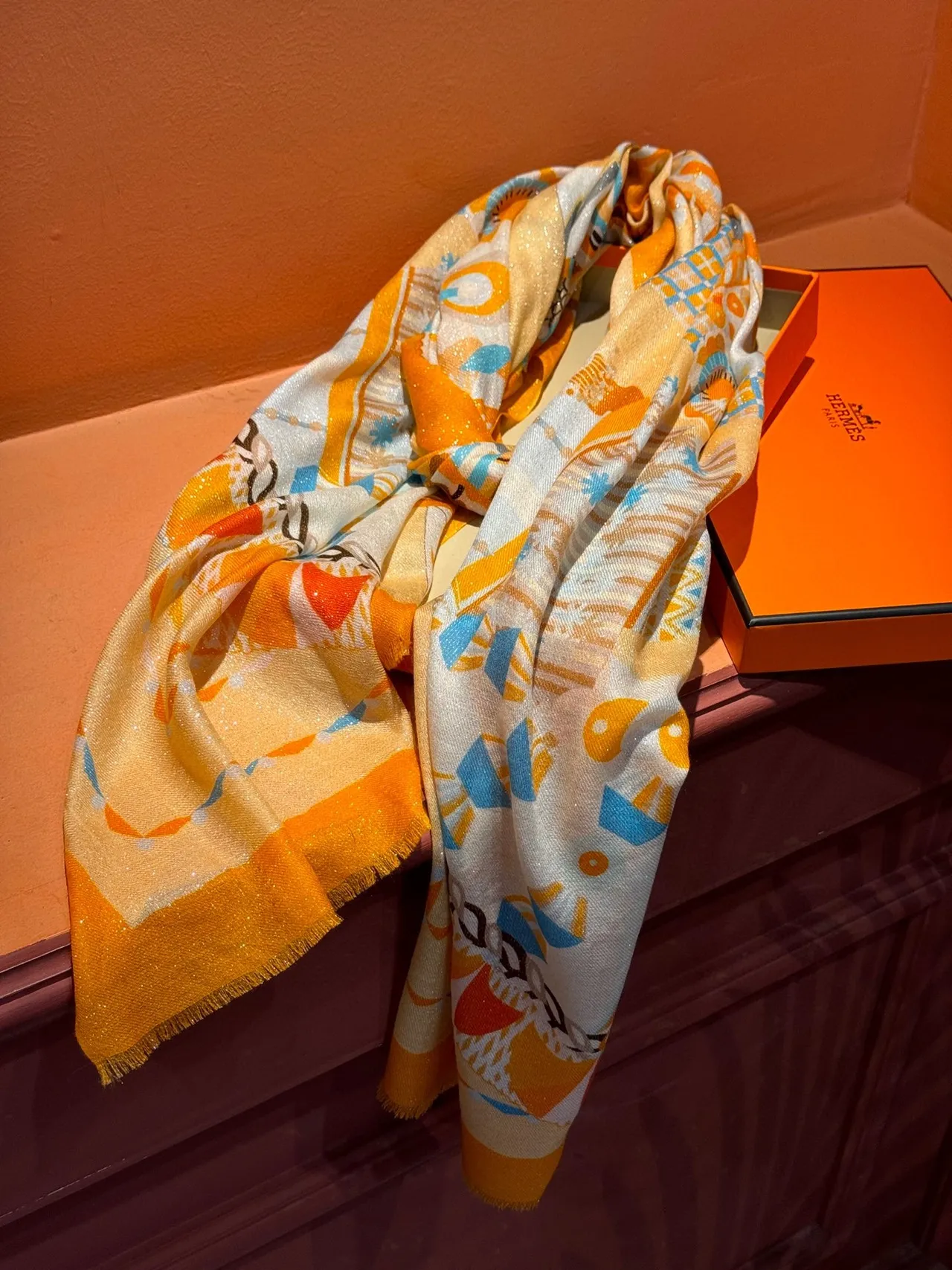 Abstract Geometric Print Orange Fringed Silk Scarf 8