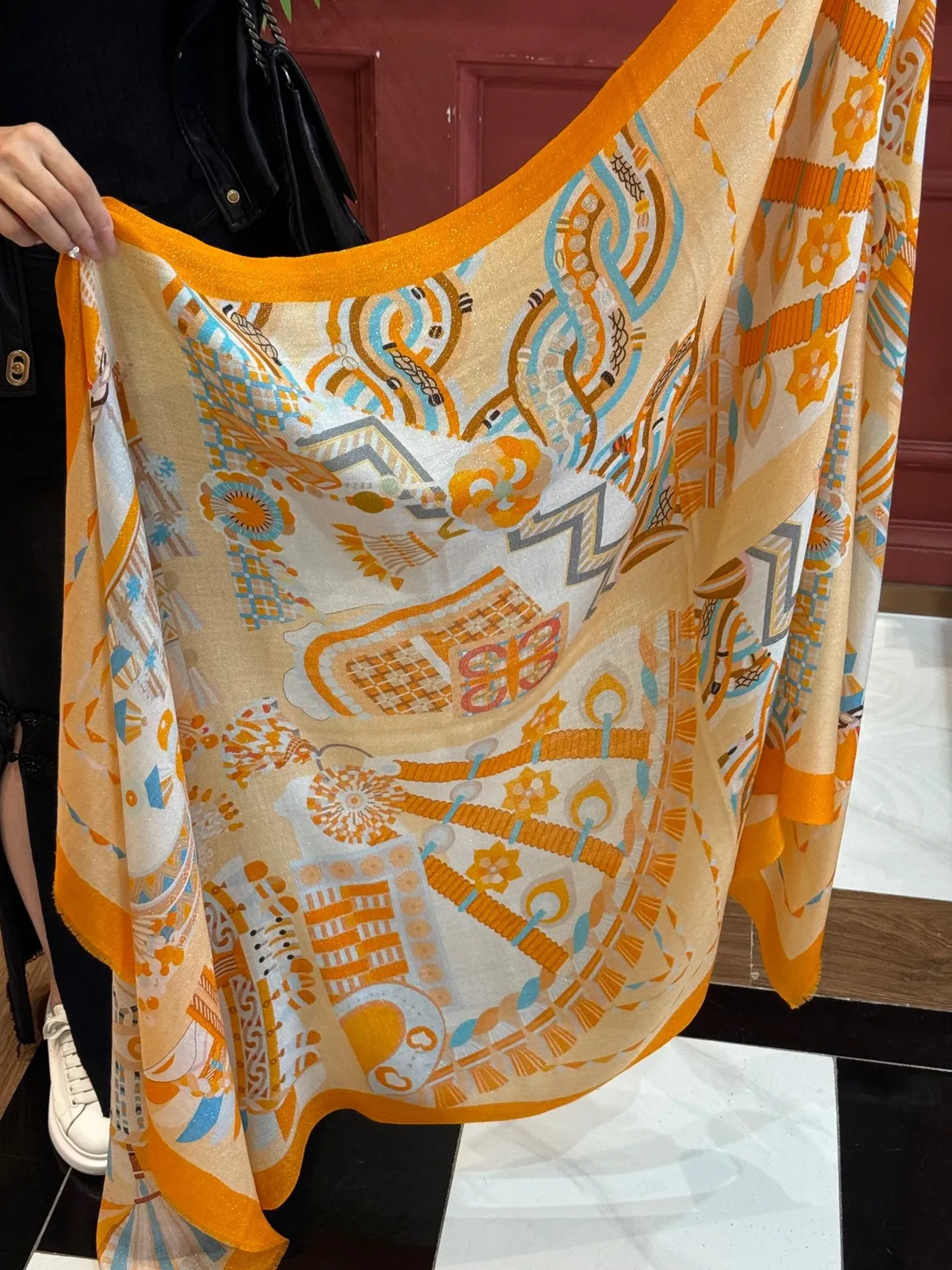 Abstract Geometric Print Orange Fringed Silk Scarf 9