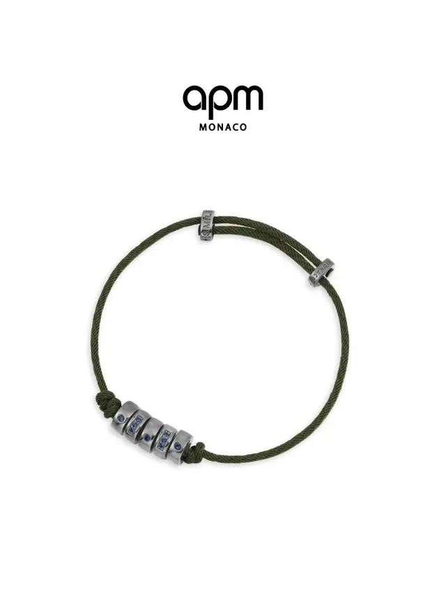 apm Monaco Army Green Navy Braided Cord Metallic Bead Cluster Bracelet 2