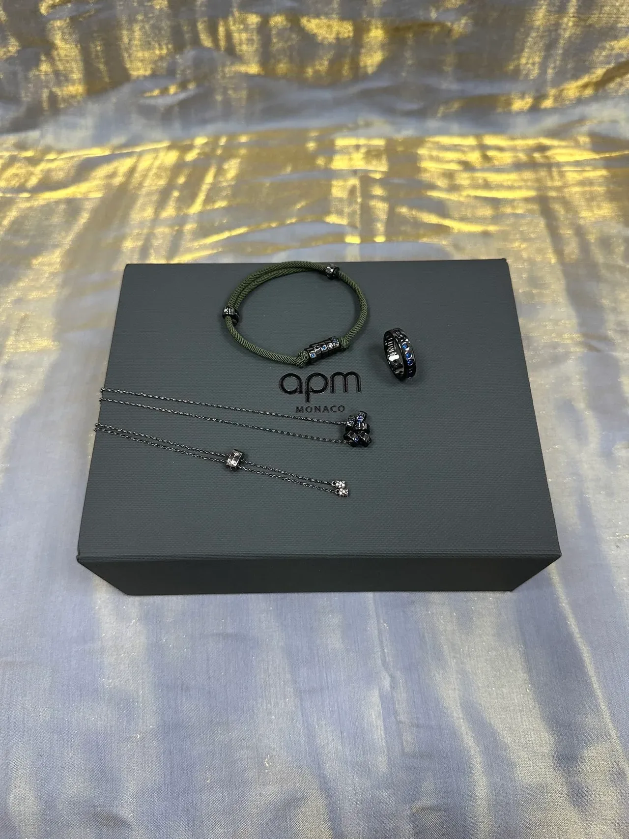apm Monaco Army Green Navy Braided Cord Metallic Bead Cluster Bracelet 7