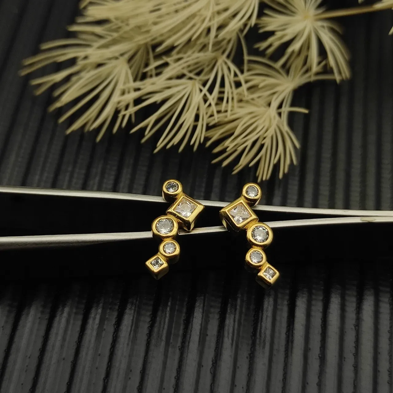 Asymmetrical Geometric Multi-Stone Gold-Tone Stud Earrings 2