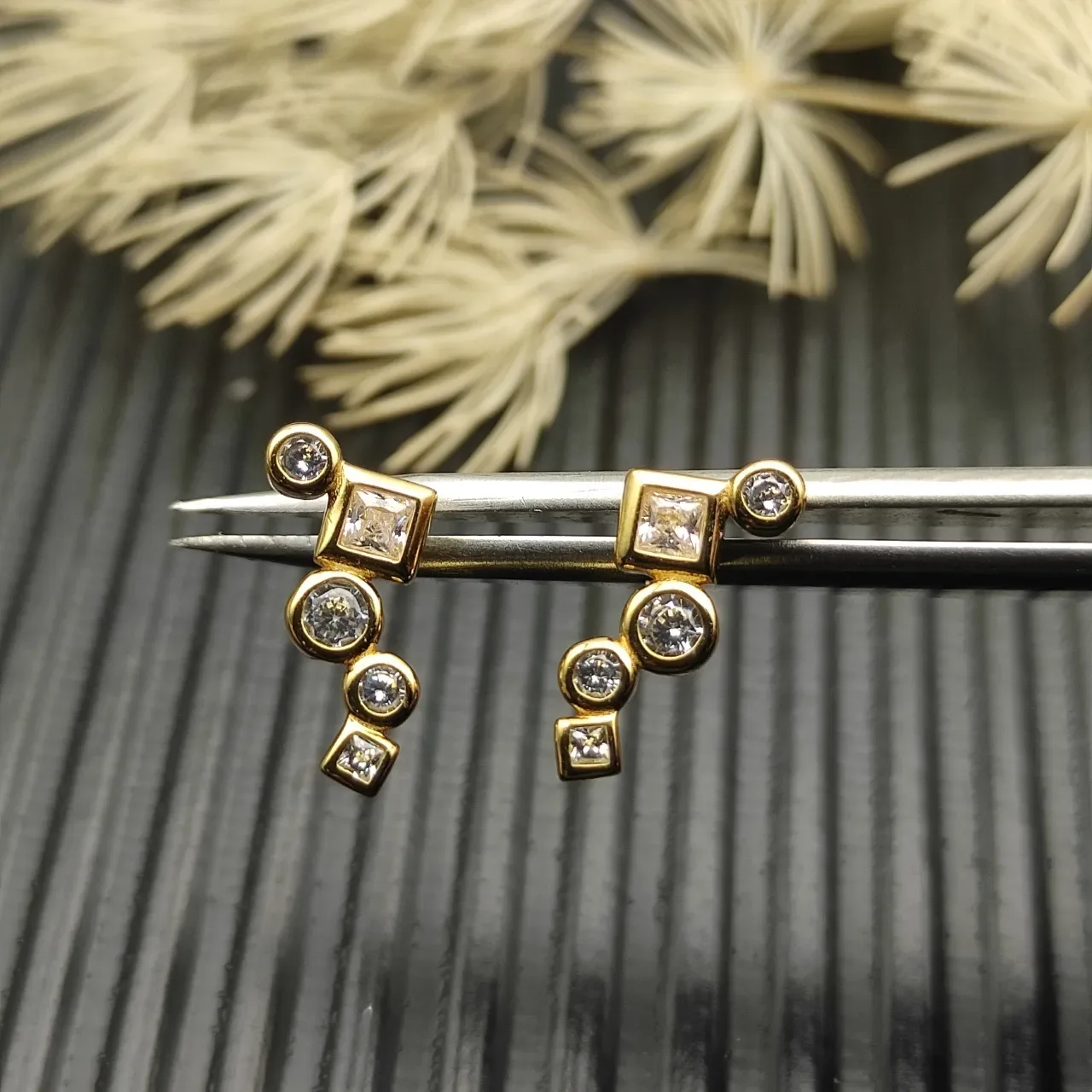 Asymmetrical Geometric Multi-Stone Gold-Tone Stud Earrings 4