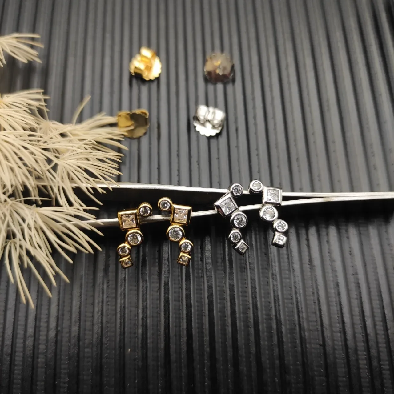 Asymmetrical Geometric Multi-Stone Gold-Tone Stud Earrings 9