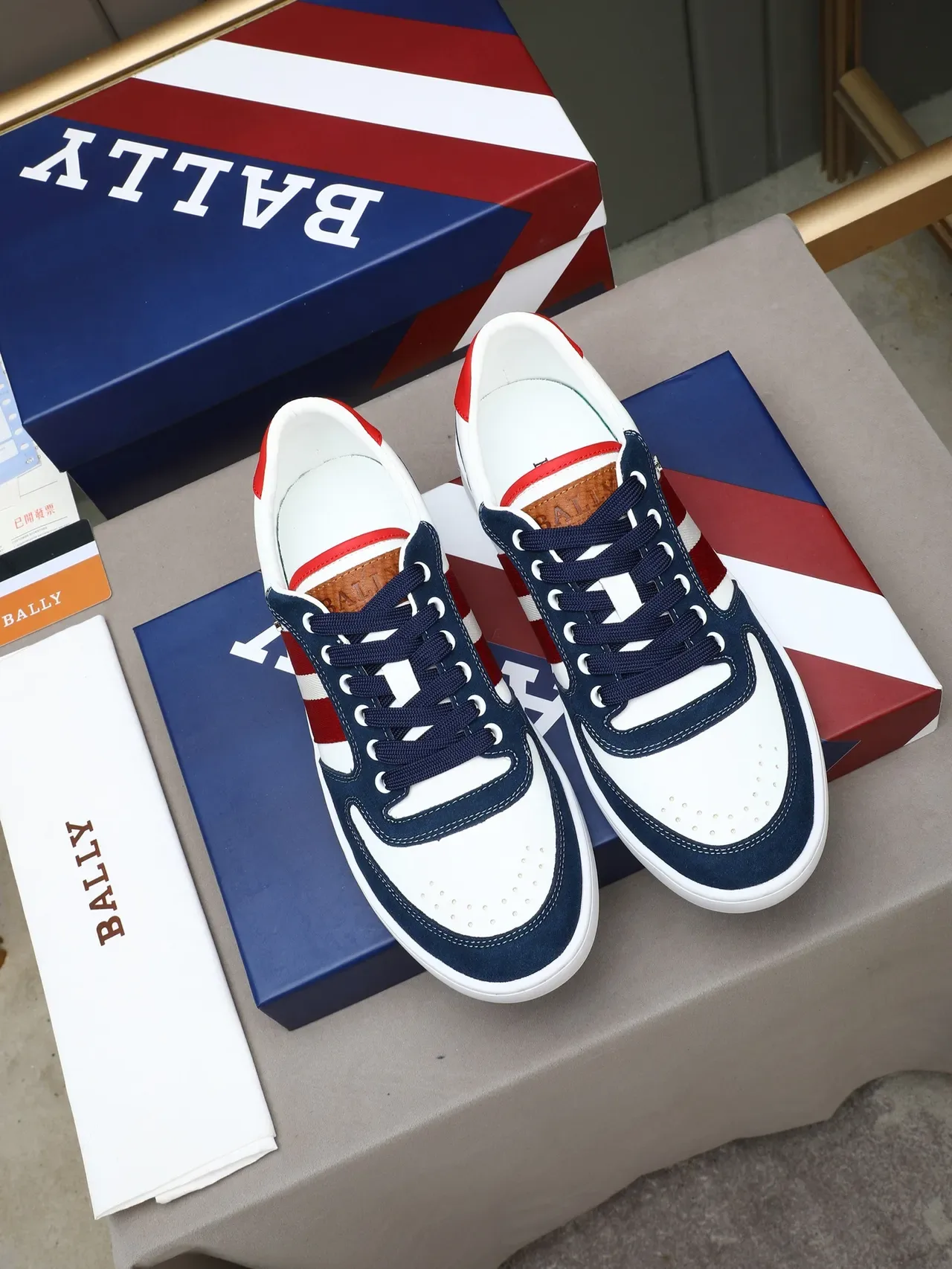 Bally White Navy Low-Top Mixed-Material Sneakers 2