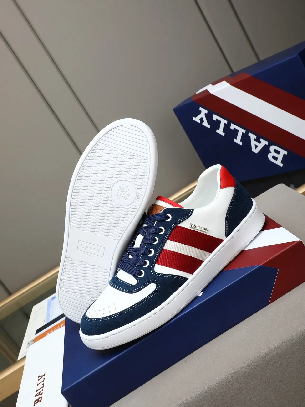 Bally White Navy Low-Top Mixed-Material Sneakers 4