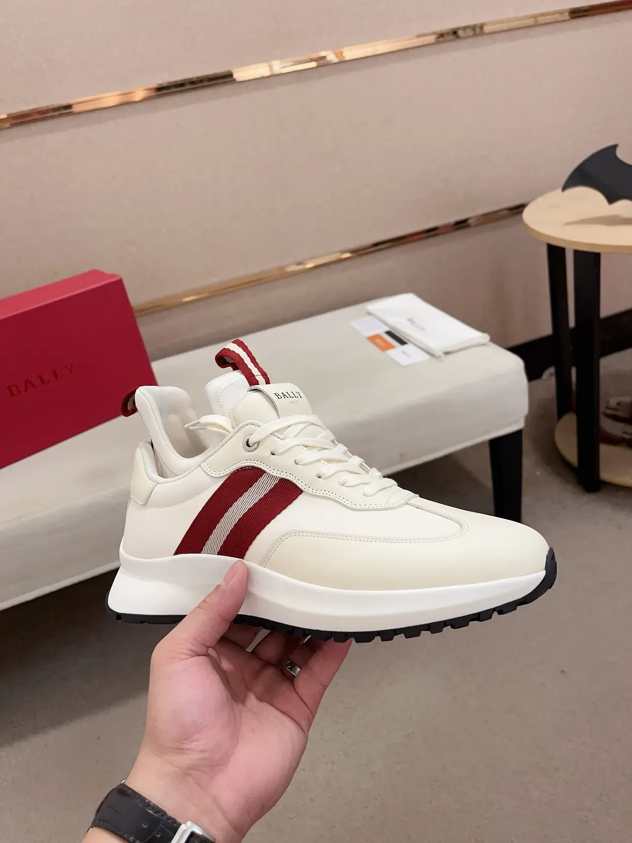 Bally White Red Leather Upper Dual-Tone Side Stripe Sneakers 5