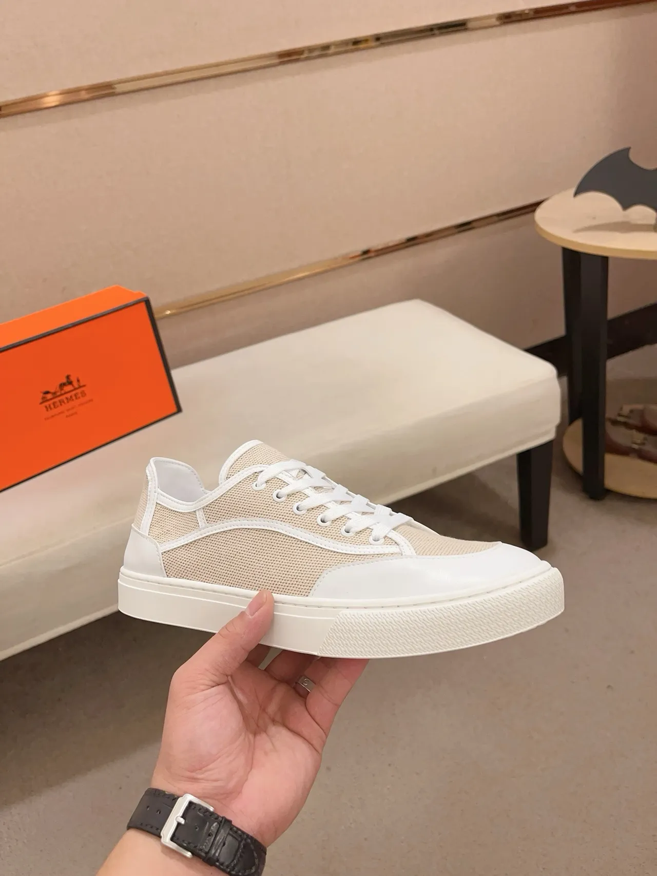 Beige and White Mesh Low-Top Lifestyle Sneaker 4