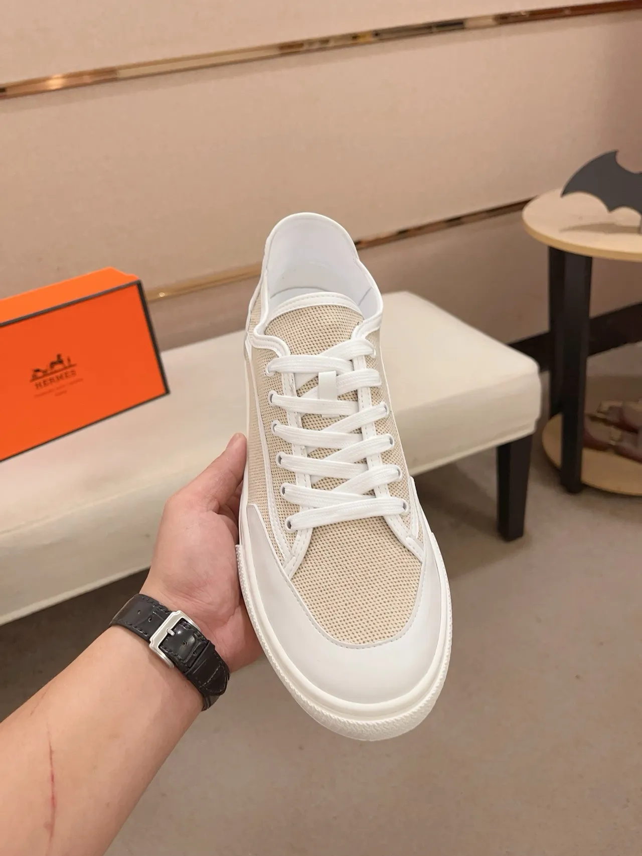 Beige and White Mesh Low-Top Lifestyle Sneaker 5