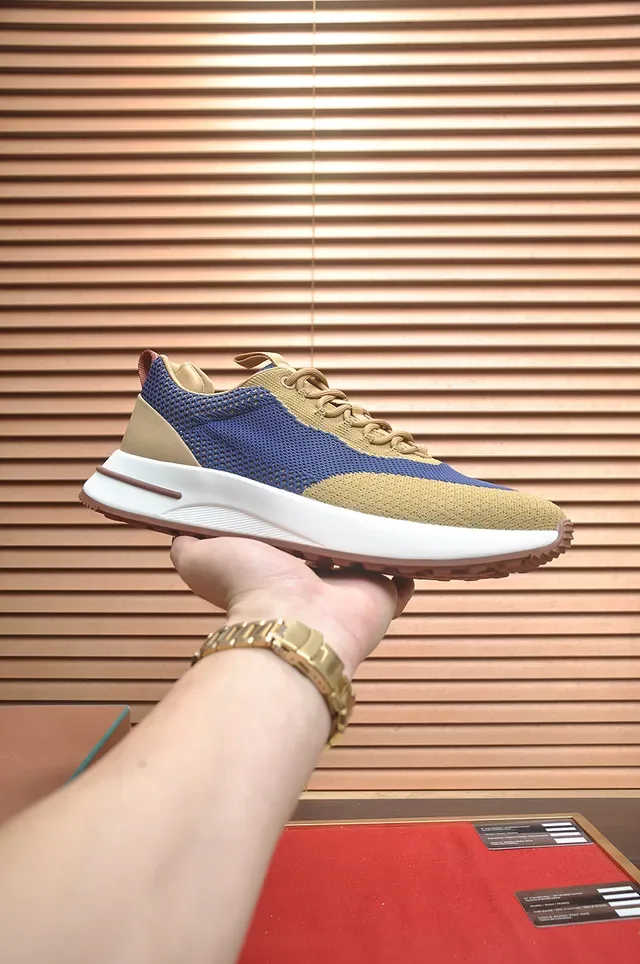 Beige Blue Knit Upper Color-Blocked Panels Sneakers 1