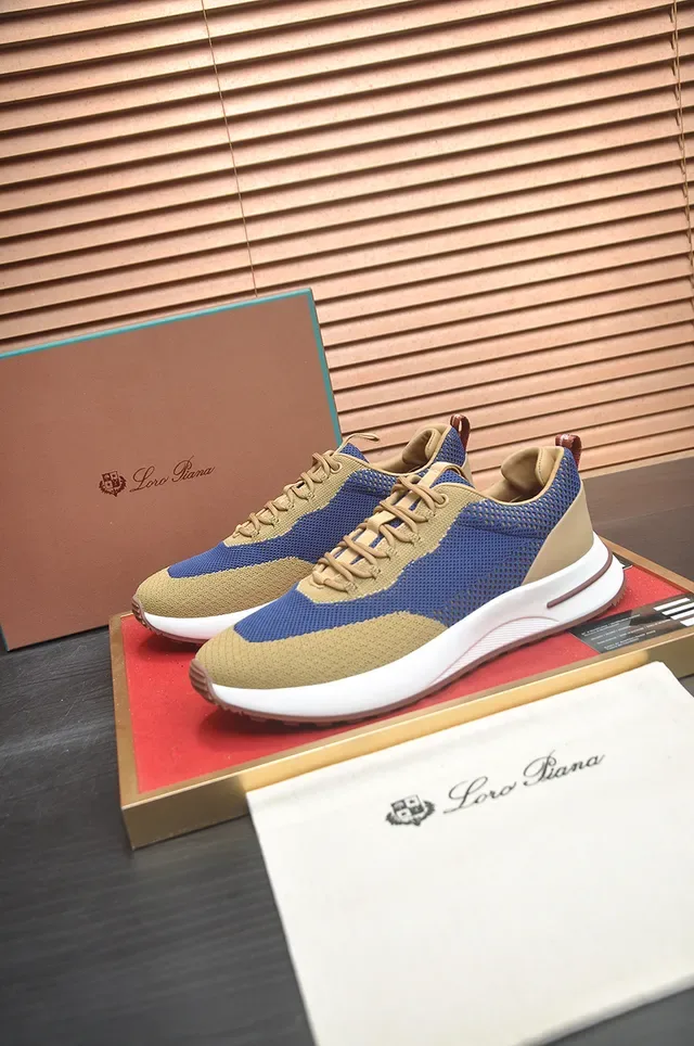 Beige Blue Knit Upper Color-Blocked Panels Sneakers 4