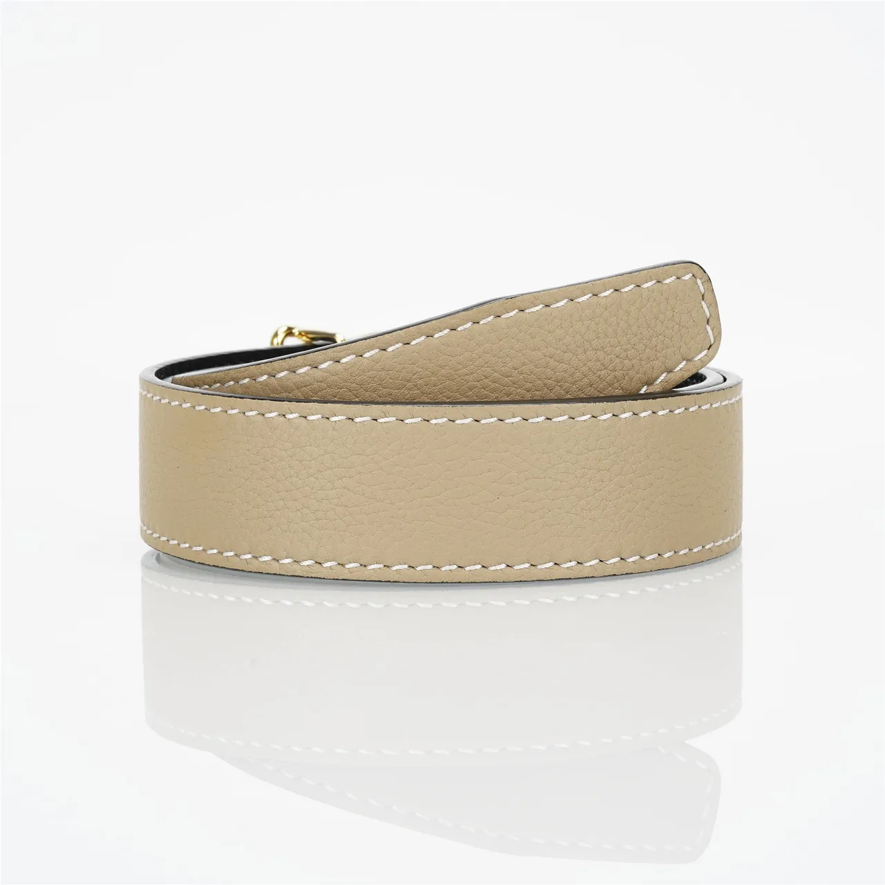 Beige Gold Pebbled White Contrast Stitching Leather Belt 5