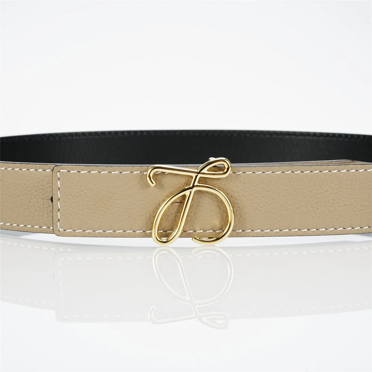 Beige Gold Pebbled White Contrast Stitching Leather Belt 8