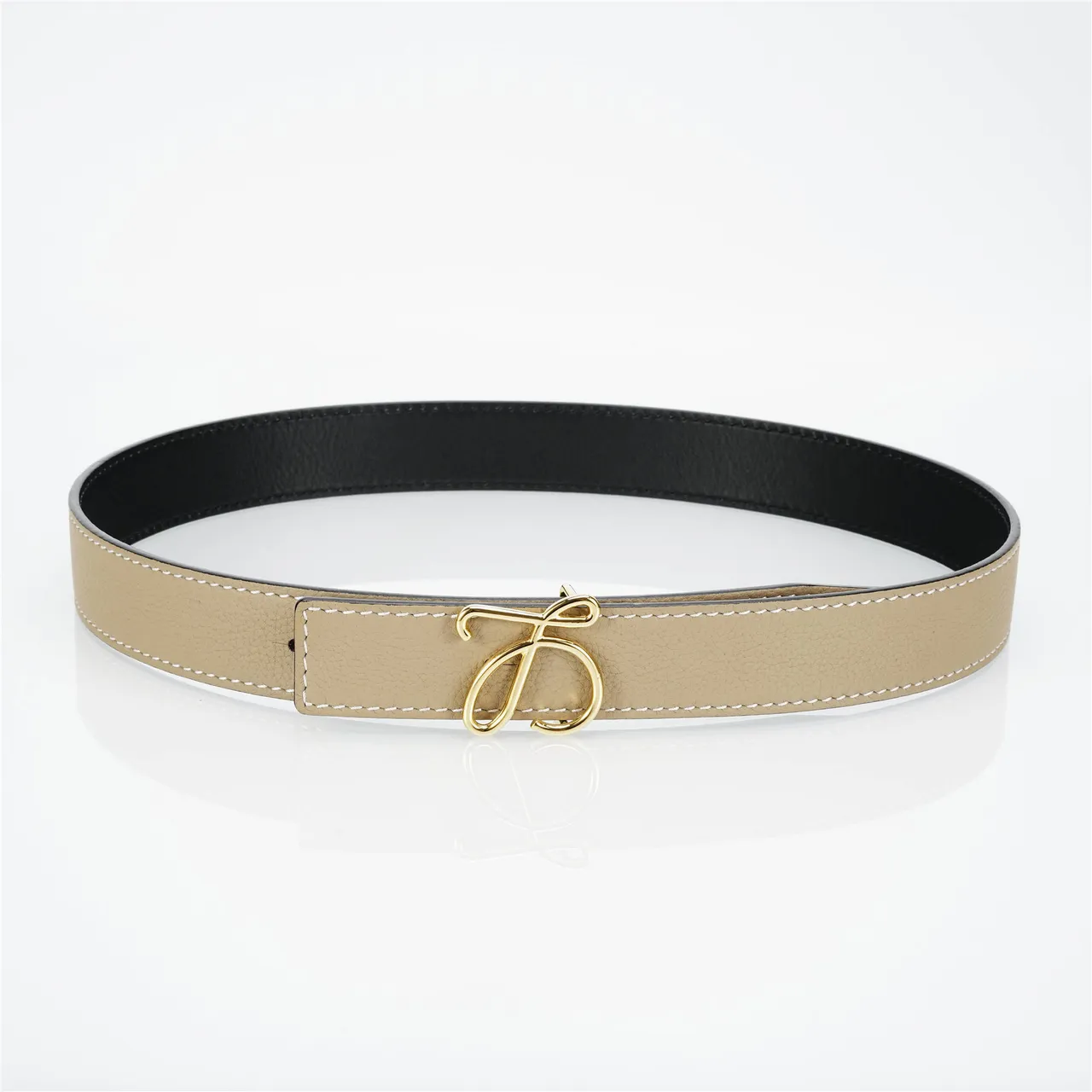 Beige Gold Pebbled White Contrast Stitching Leather Belt 9