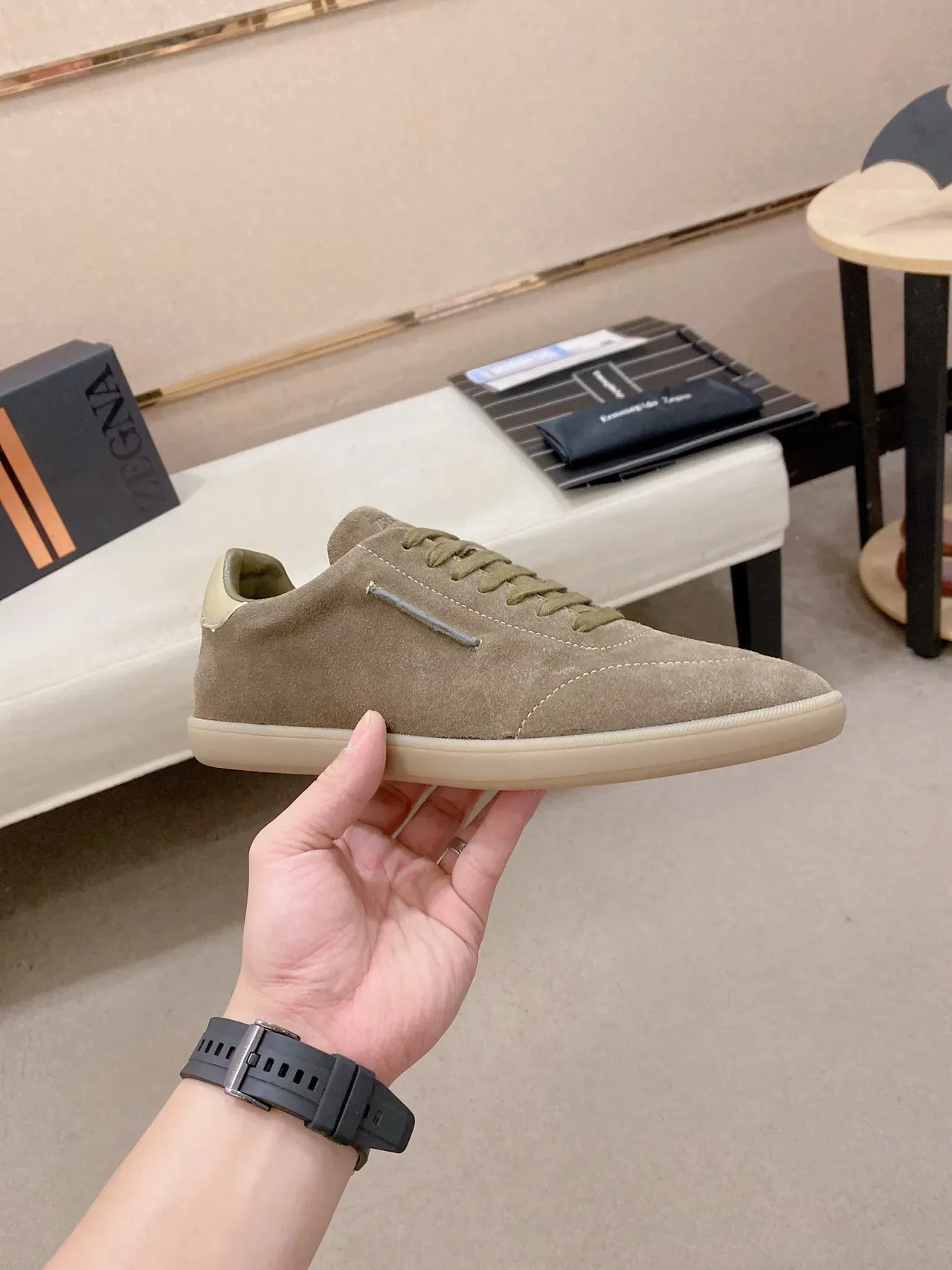 Beige Green Suede Upper Olive Laces Sneakers 4