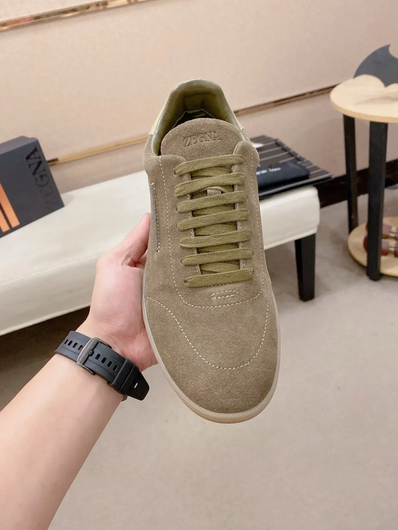 Beige Green Suede Upper Olive Laces Sneakers 5