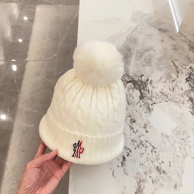 Beige Multicolor Cable-Knit Body Fluffy Pom-Pom Beanie 3