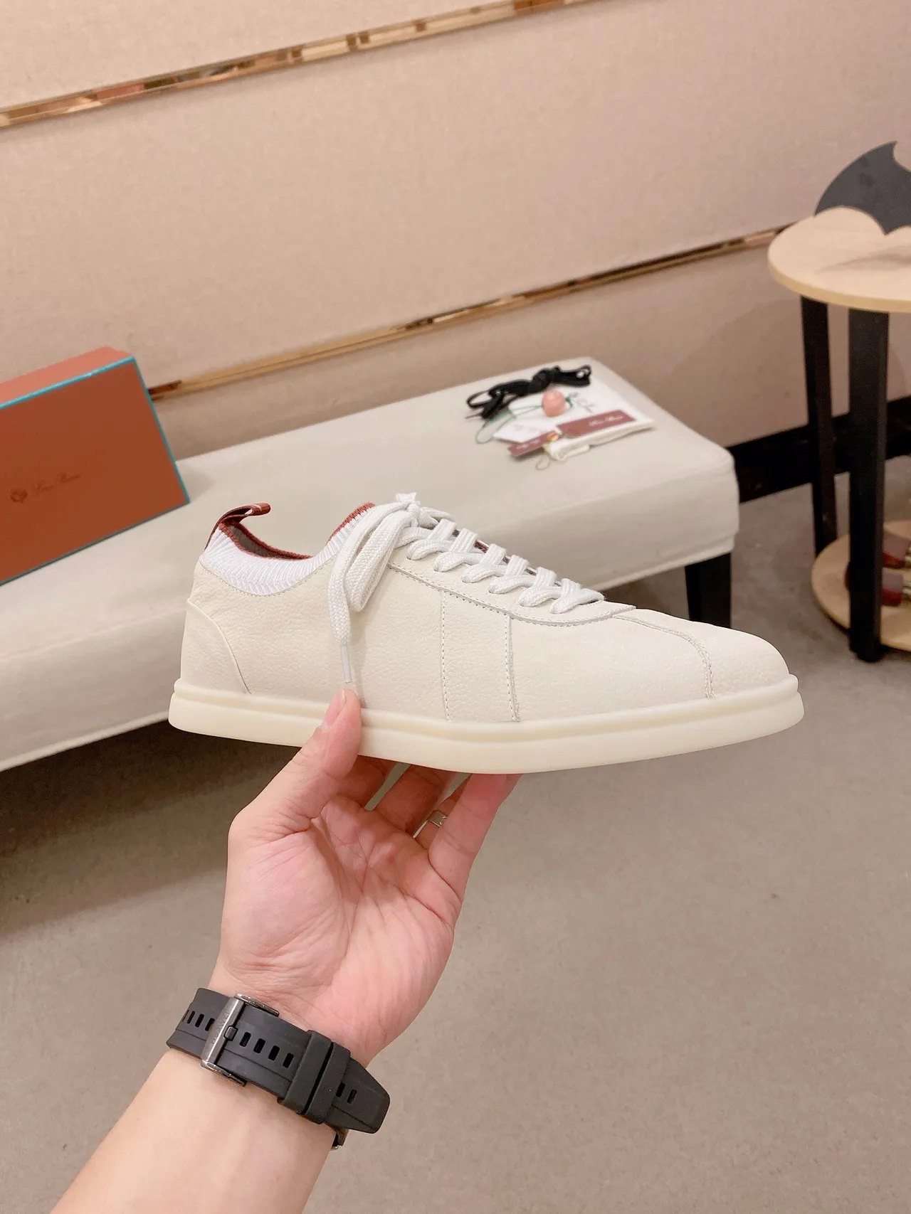Beige Red Textured Leather Upper Knit Sock Collar Lifestyle Sneakers 4