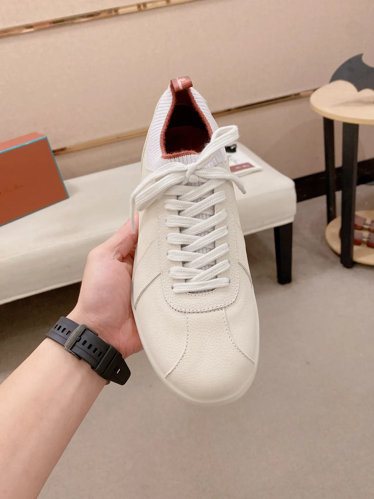 Beige Red Textured Leather Upper Knit Sock Collar Lifestyle Sneakers 5