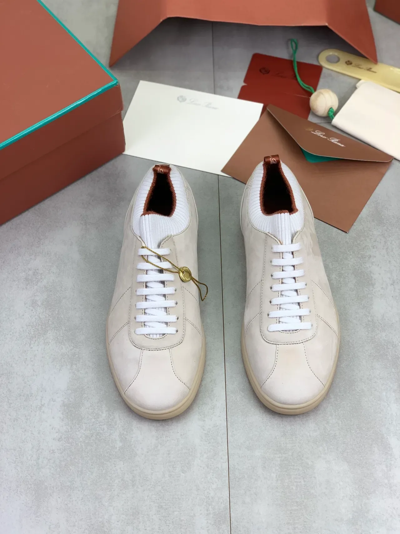 Beige Suede Knit-Collar Lace-Up Lifestyle Sneaker 4