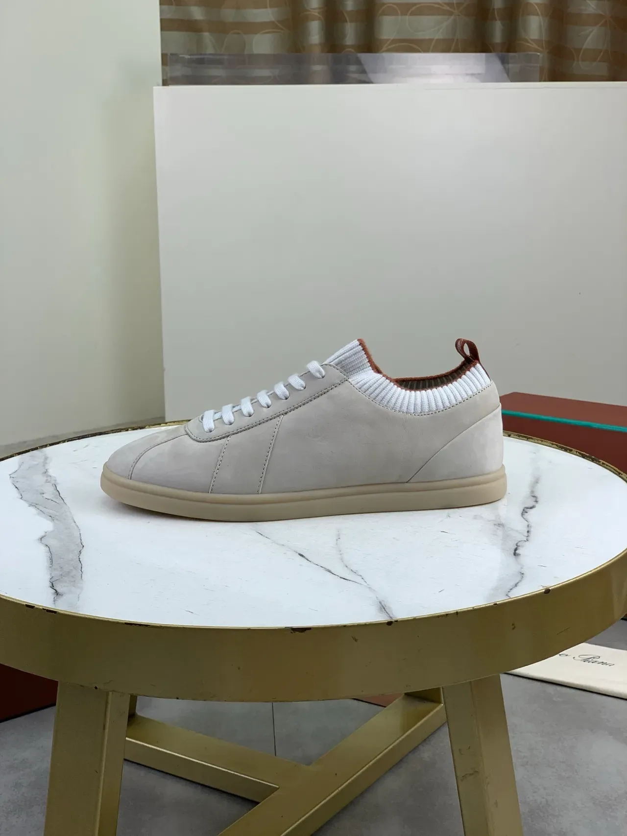 Beige Suede Knit-Collar Lace-Up Lifestyle Sneaker 5