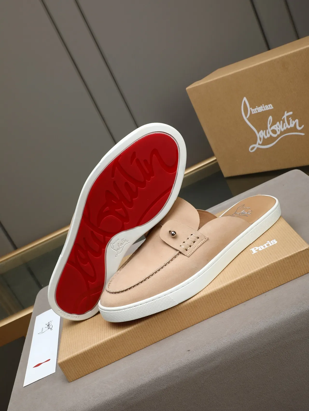 Beige White Backless Mule Suede Upper Loafer 4