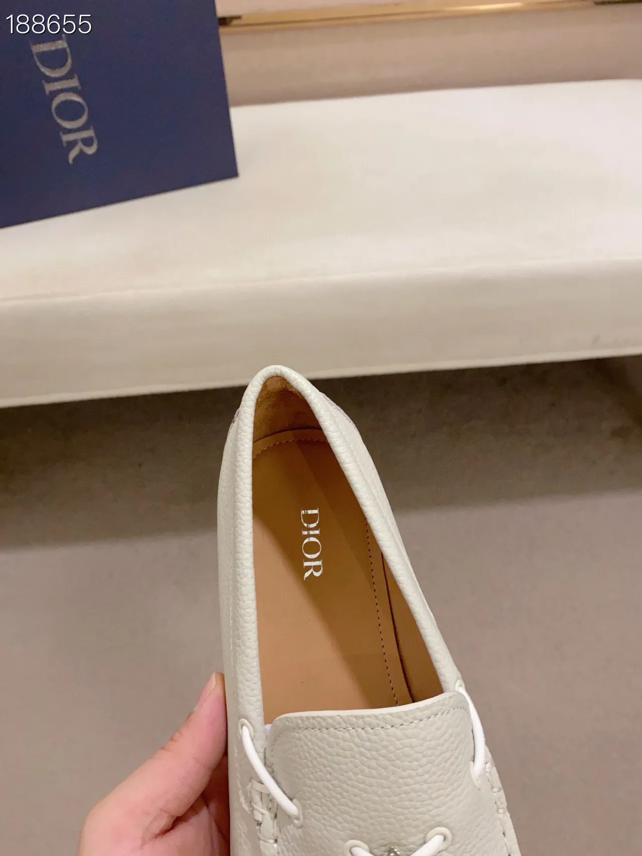 Beige White Pebbled Leather Moc-Toe Construction Loafer 4